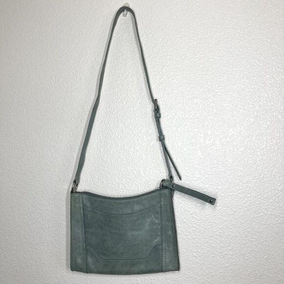 Frye Melissa Leather Zip Crossbody Bag Green Sky Tone Adjustable Strap 8x11" - Picture 2 of 16